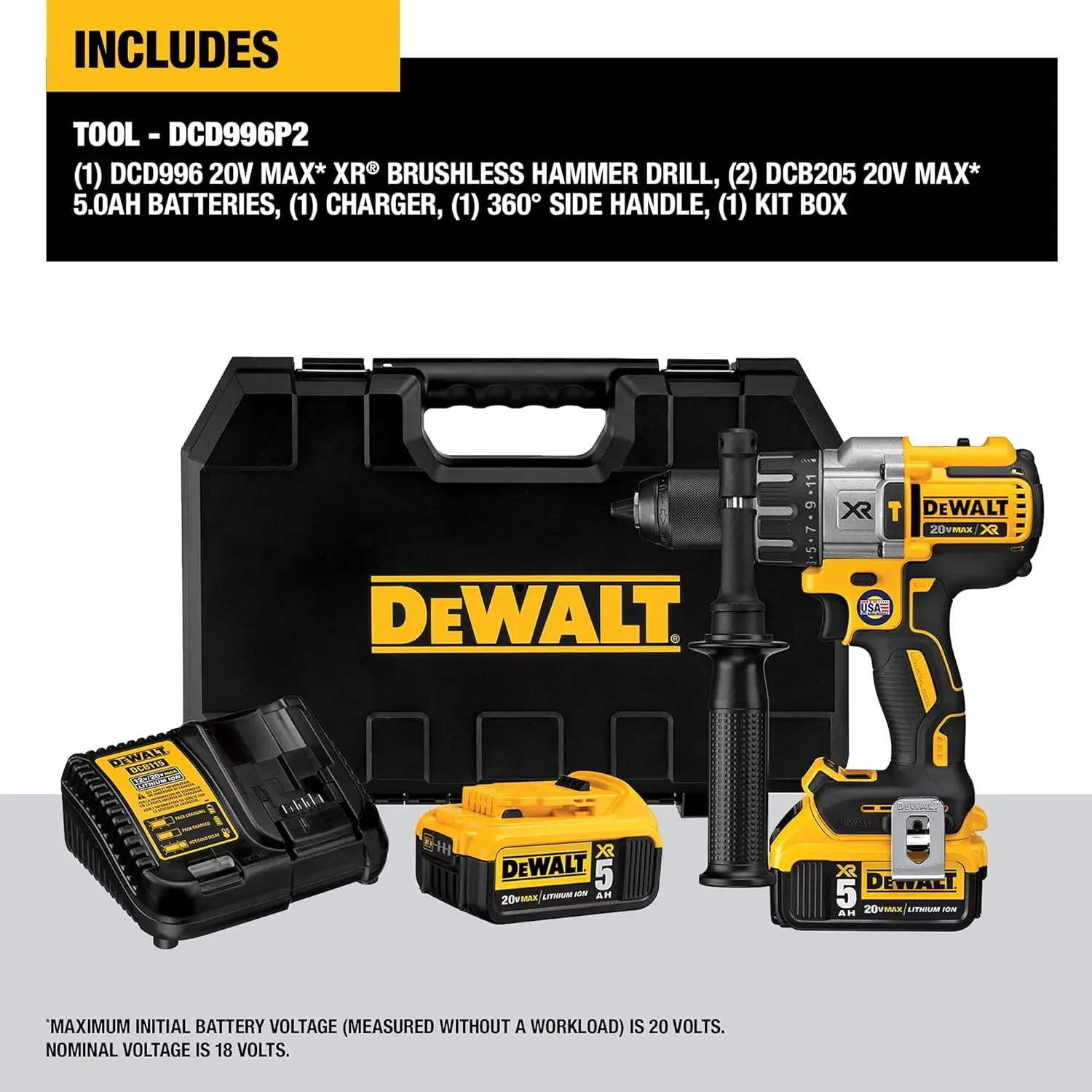 Kit de taladro percutor DEWALT 20V MAX XR, sin escobillas, 3 velocidades, inalámbrico (DCD996P2)