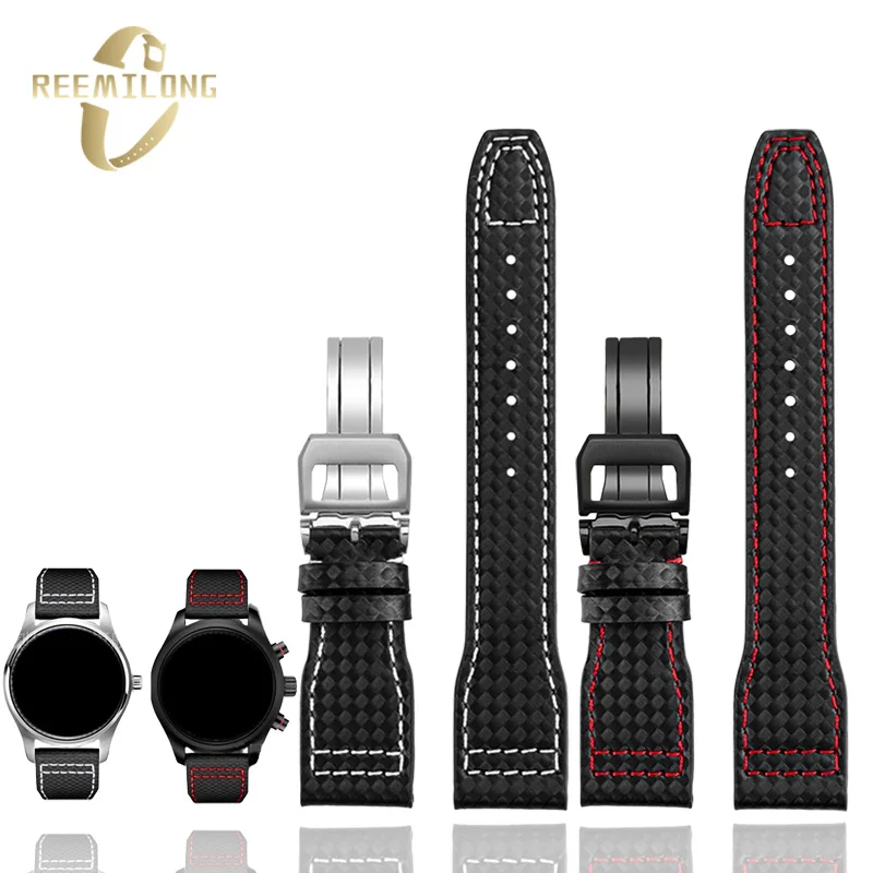 Cowhide lea/ther watchstrap 20mm 21mm 22mm Carbon fiber grain Black white red yellow lines watchband For IWC Mark-xx portugieser