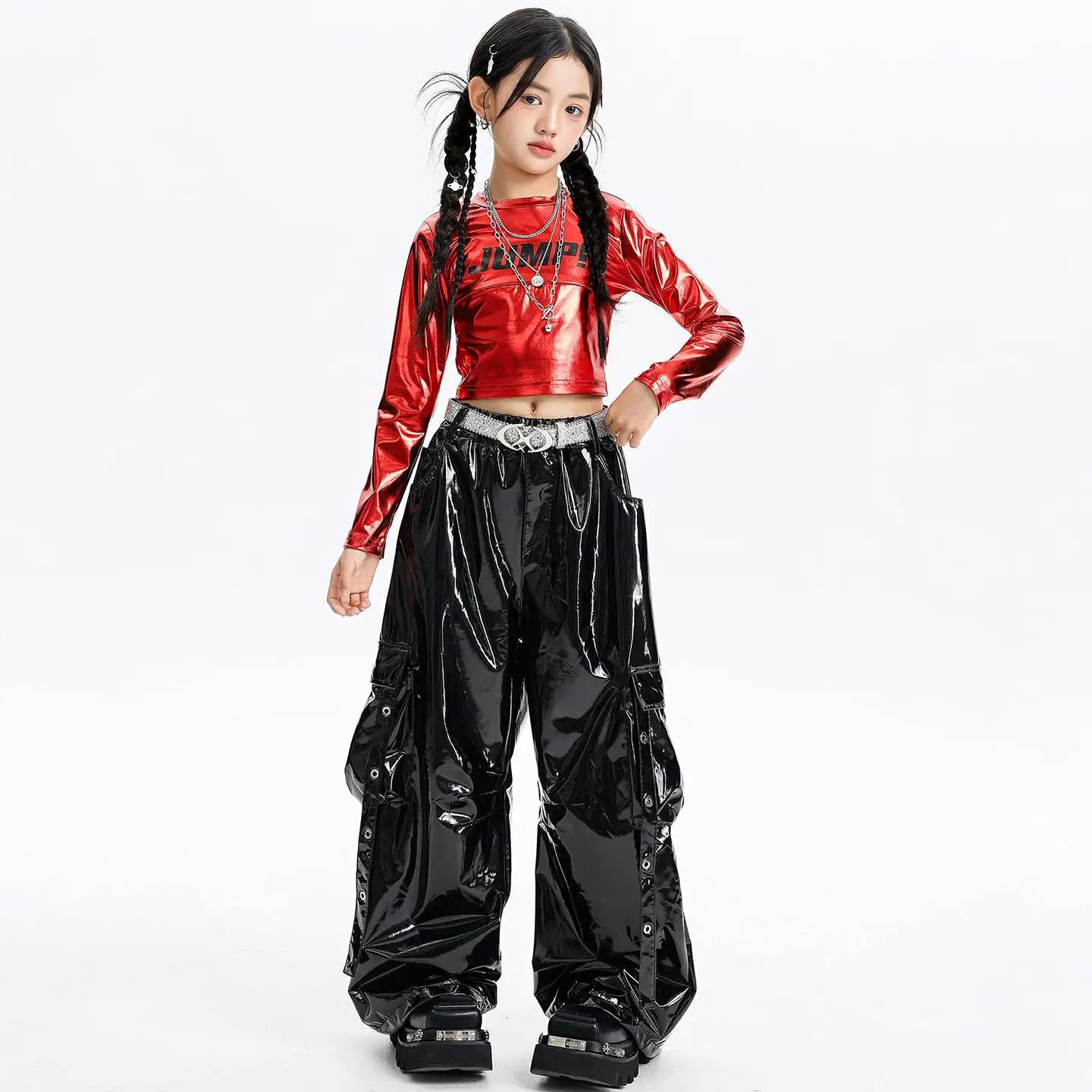 

Комплект одежды для девочек: красный блестящий укороченный топ в стиле хип-хоп и брюки карго для уличных танцев, детская одежда в стиле K-pop, джаз, уличная мода, костюмы для девочек-групп