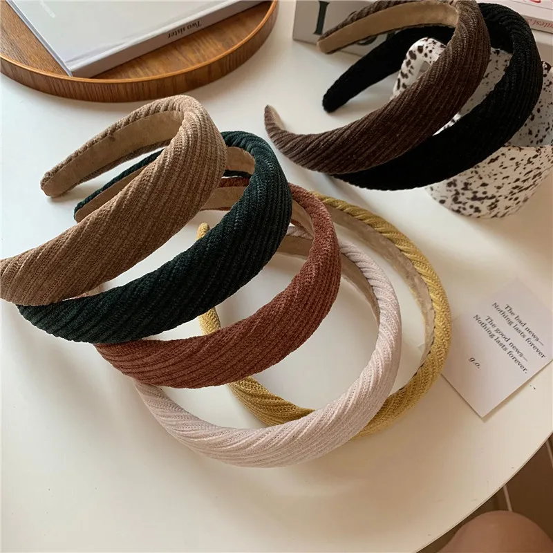 Autumn Winter Warm Corduroy Hairbands Wide Edge Sponge Korean French Retro Pressed Hair Advanced Color Headbands