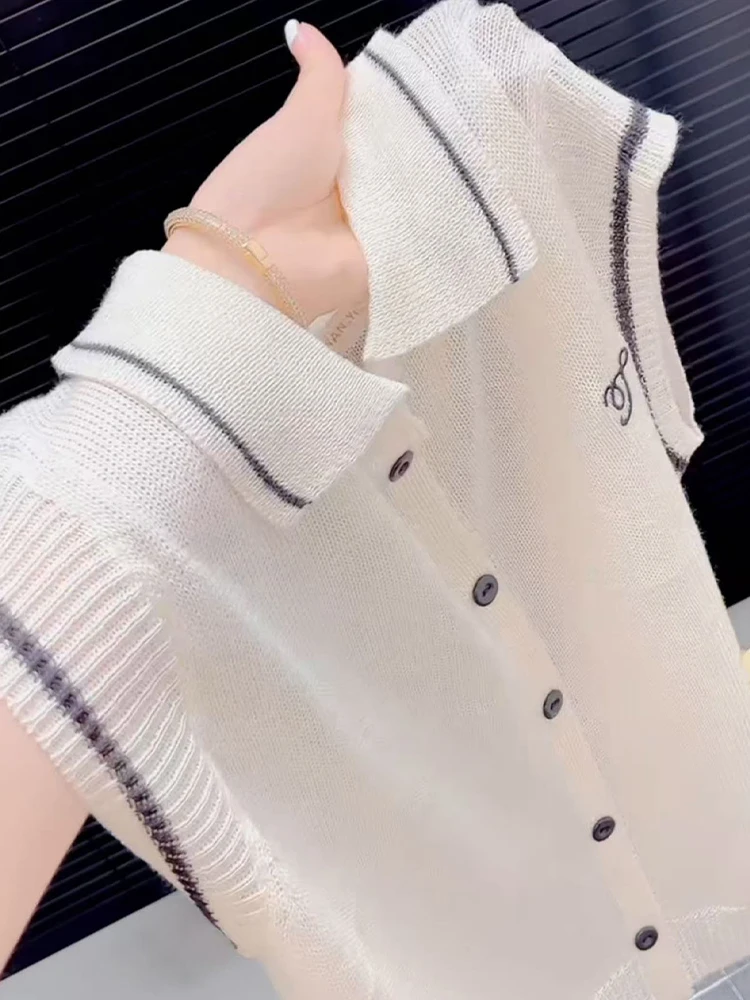 

Faionable Svel Knitted Top Women's Summer New Sle Small Size Casual Versatile Embroidered Single Button Trendy