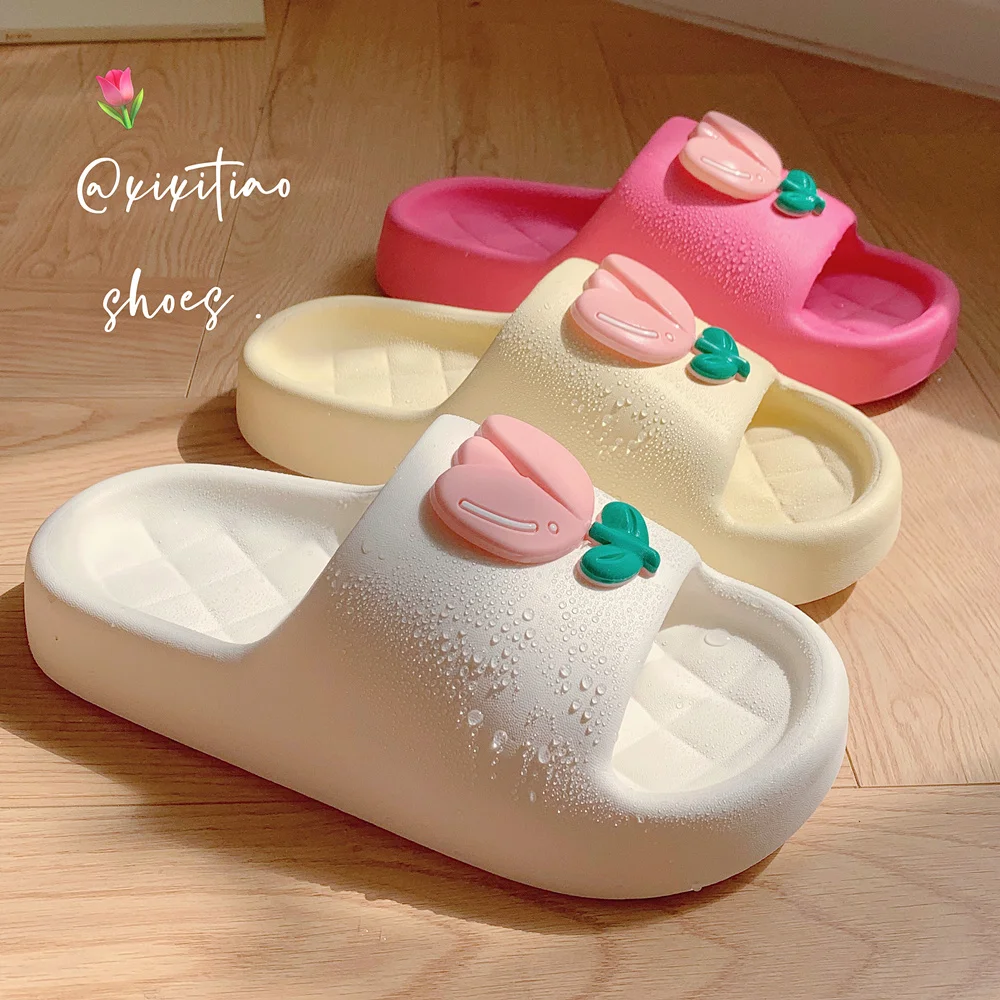 Women Slipper Cute Tulip Slippers For Summer Outwear Thick Sole Anti Slip And Odor Proof Home Slipper