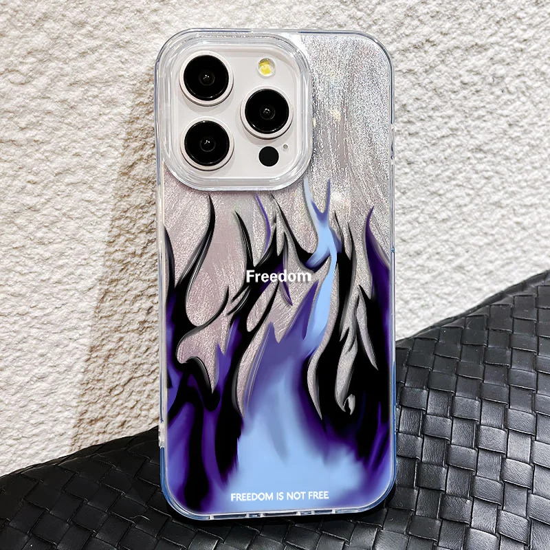 Etui na telefon iPhone 16 15 E Pro Max 14 13 Pro 12 11 Plus z pełną ochroną aparatu, srebrne, dla kobiet i mężczyzn, niebieski płomień, błyszczące.