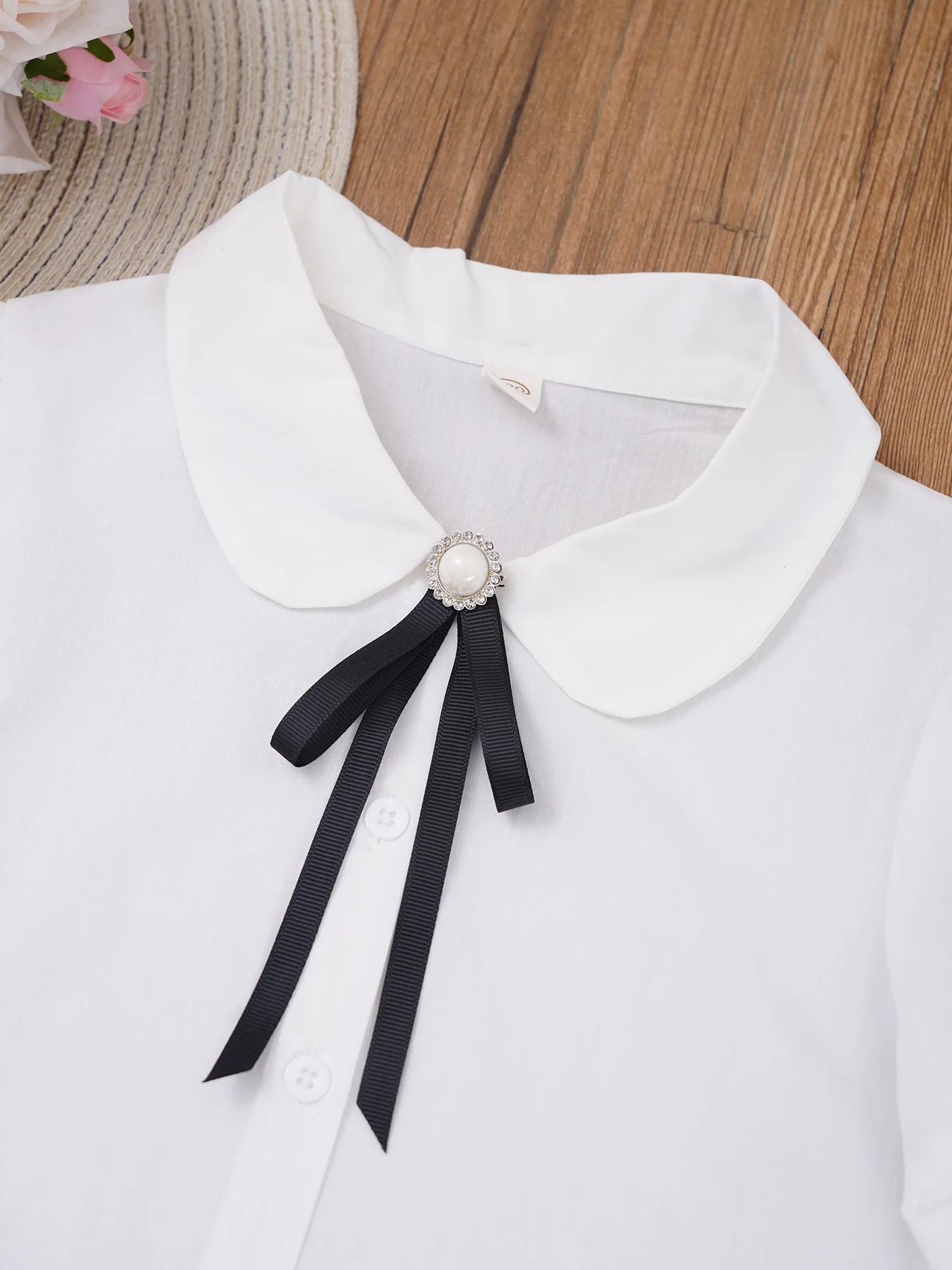 White Kids School Girls Fashion Shirt Cute Short Sleeve Shirt Casual Solid Color Turn-Down Collar Bowknot Blouse Button Tops