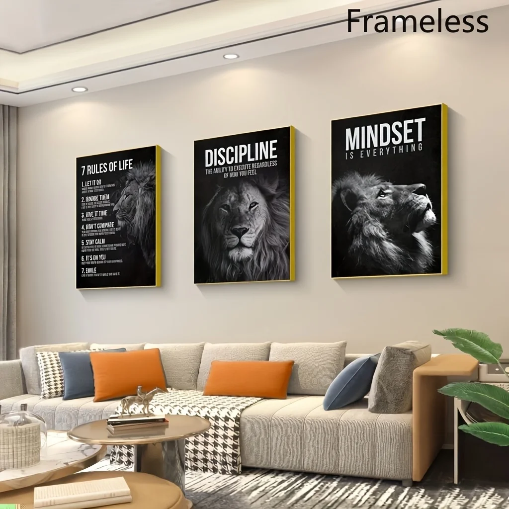 （Noframe 3PCS)-2D Flat, 3pcs Frameless Lion Canvas Poster Set - 'Discipline' & 'Mindset' with Inspiration