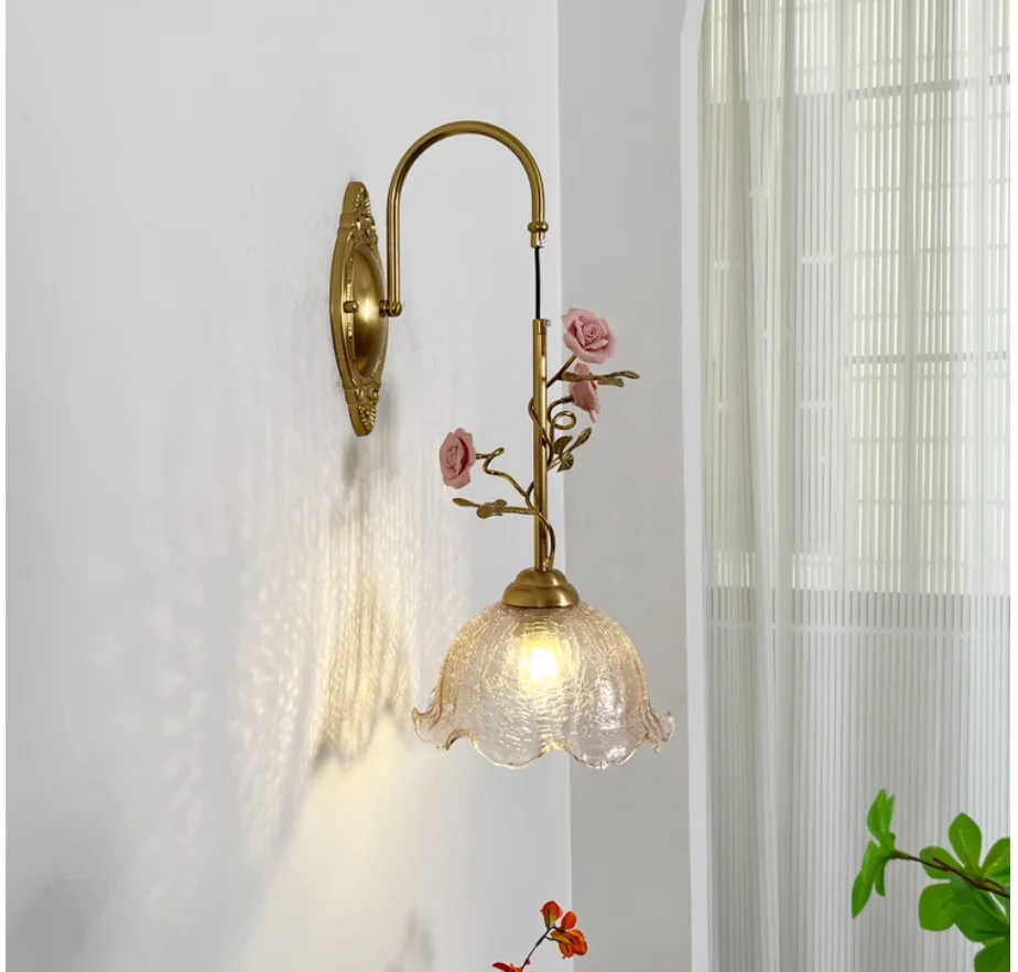 

French Floral Decora Candle Wall Lamp Bedroom Dinning Living Room Glass Shade Wall Sconce Luminaria Kitchen Wall Lamp Fixtures