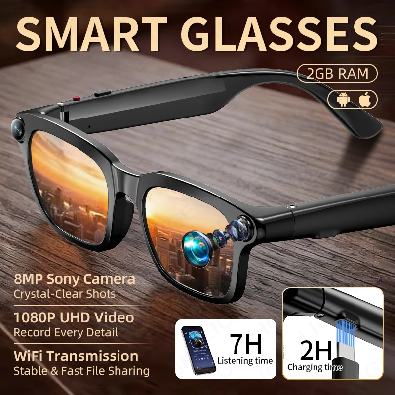 

Умные очки LIGE 2026 с AI-переводом, HD-камерой 800W, видео 1080P, передачей данных по Wi-Fi, Bluetooth-звонками, для мужчин