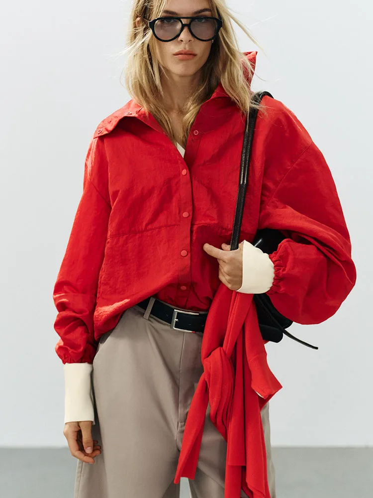 Elegant Red Long Sleeve Stand Collar Button up Outerwear New Fall 2026 Women's Fashion Sweet Atmosphere Quality Outerwear