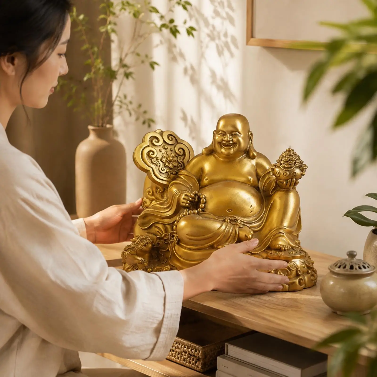 Copper Laughing Buddha Decorative Statue Richly Detailed Laughing Buddha Statue with Ornate Base Prosperity-Themed Sculpture for