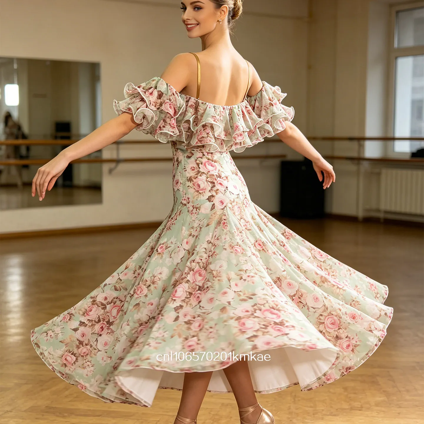Romantic Floral Ruffle Off Shoulder Ballroom Dance Dress Thin Straps Flared Hem Lightweight Chiffon Midi Dress For Modern Dance