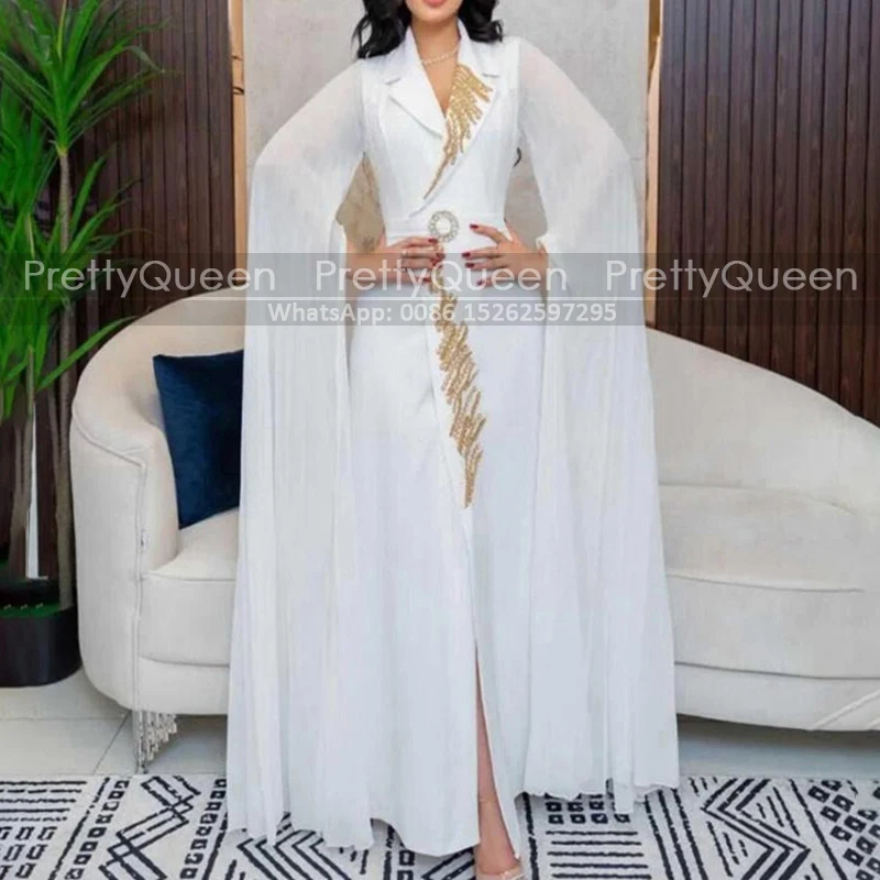 Customized A Line Mother of the Bride Dresses Front Split Beaded V Neck Long Sleeves White Ankle Length Prom Dress Party
