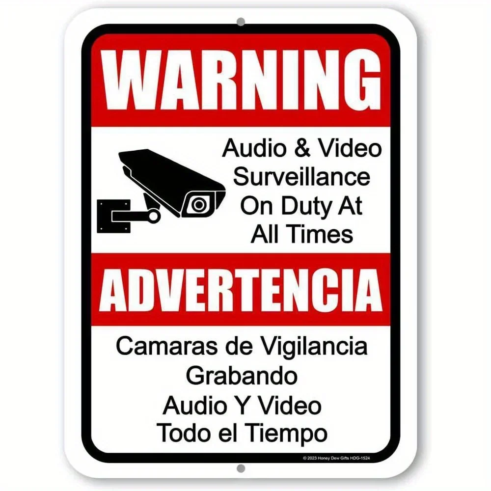 Bilingual English/Spanish Warning Security Sign - HDG-1524 Metal Wall-Mounted Surveillance Camera Sign with 24/7 Audio & Vide