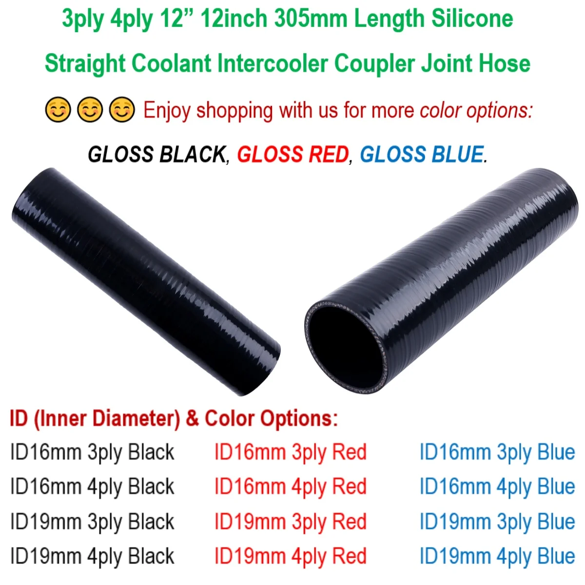 3ply or 4ply 12” 12inch 305mm Length Straight Coolant Intercooler Intake Coupler Joint Silicone Hose Pipe Tube Duct ID 16mm 19mm