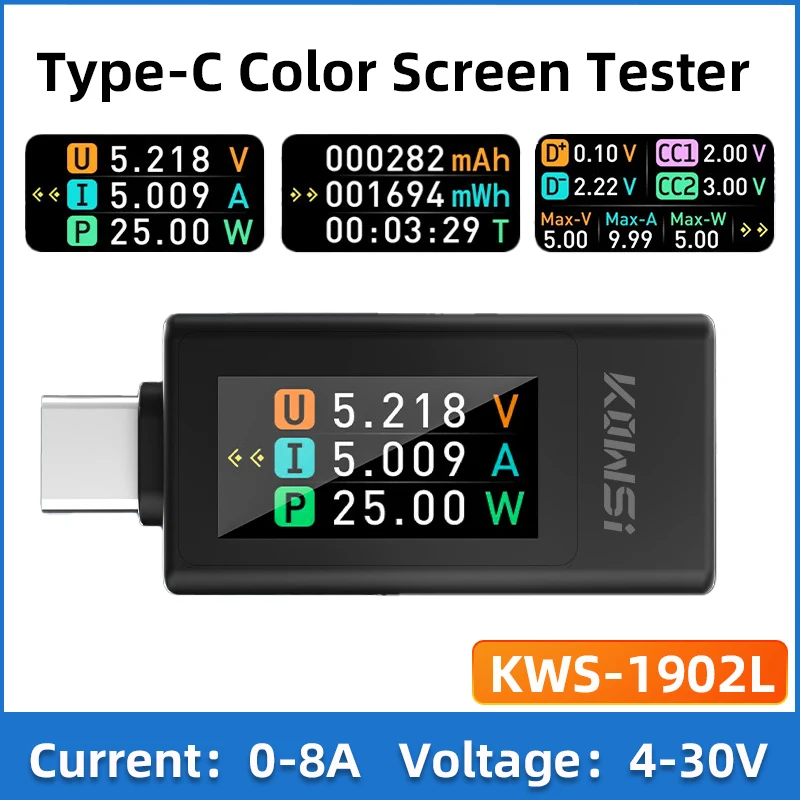 KWS-1902L Voltage Current Meter Multi-function Digital Display DC Voltage Ammeter Power Meter Type-c Cell Phone Charging Tester