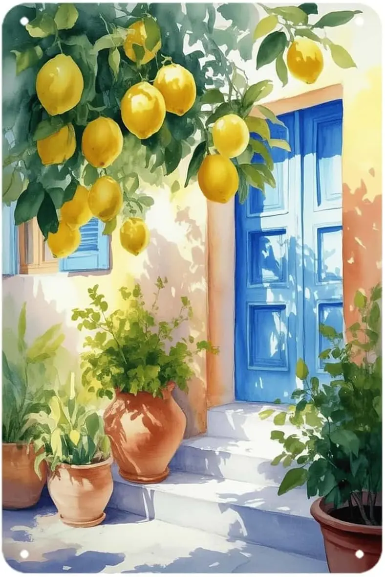 Lemon Garden tin Sign, Vintage Mediterranean Blue Door Lemon Tree Metal Signs Wall Decor for Bedroom Living Room Kitchen Bar Pat