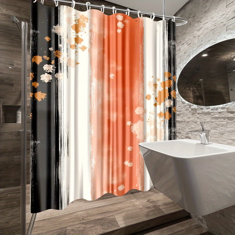 

1pc Artistic Abstract Shower Curtain with Orange & Black Splash Pattern - Polyester Fabric Bathroom Decor, 70.8x70.8 Inches