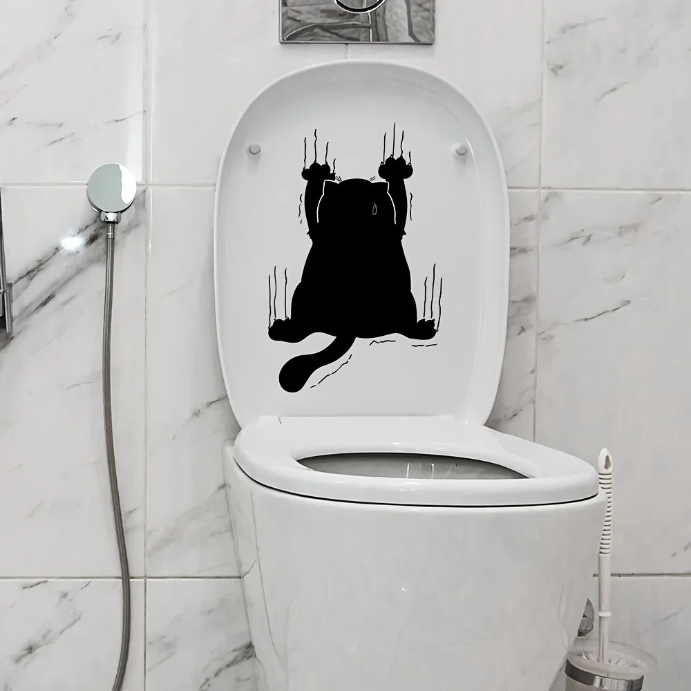 Lucky Cat Funny Black Cat Scratches Toilet Stickers Decorative Bathroom Decals Wall Stickers Self Adhesive Waterproof Home Decor