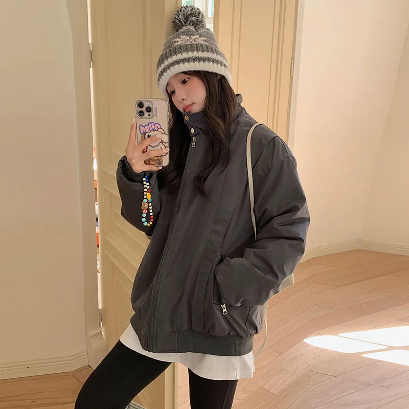 Unisex Winter American Stand Collar Baseball Jacket Thicken Warm Solid Color Couple Cotton Coat Fashion All Match Bomber Jacket