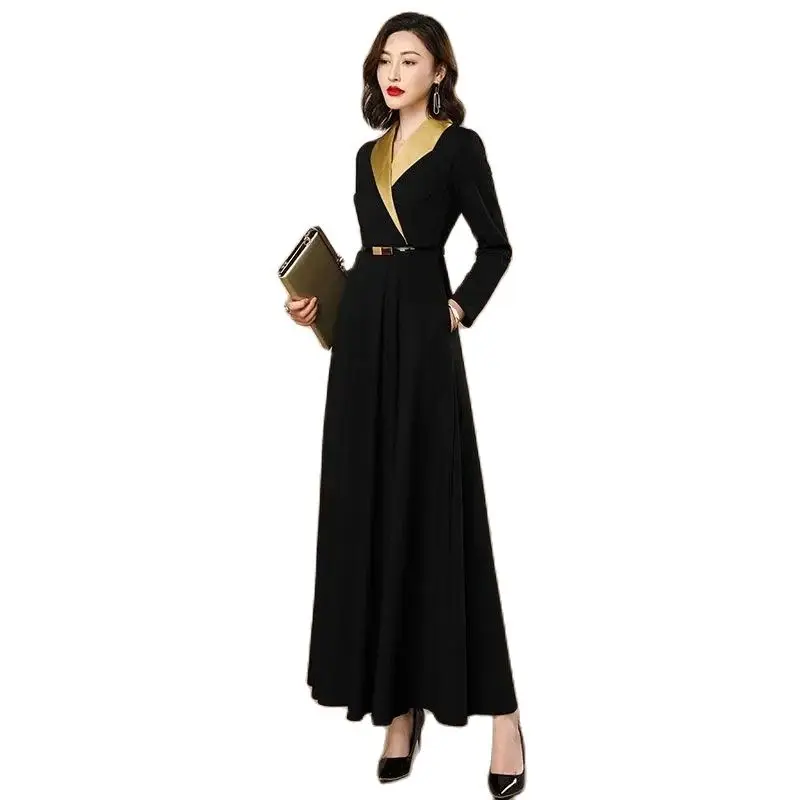 

Autumn Winter Long Sleeve Long Dress Women 2024 New Fashion Temperament Elegant A Word Skirt Pure Colour Black Overcoat Female