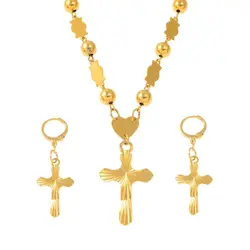 Anniyo Cross Pendant With Bead Chain Necklaces Earrings for Women Mother Micronesia Pohnpei Marshall Chuuk Jewelry Sets #171406