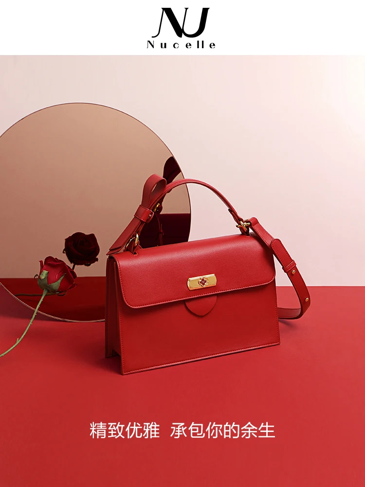 Nucelle-赤い革のショルダーバッグ,大容量の革のハンドバッグ,クリスタルのステッカー,オリジナル,2023