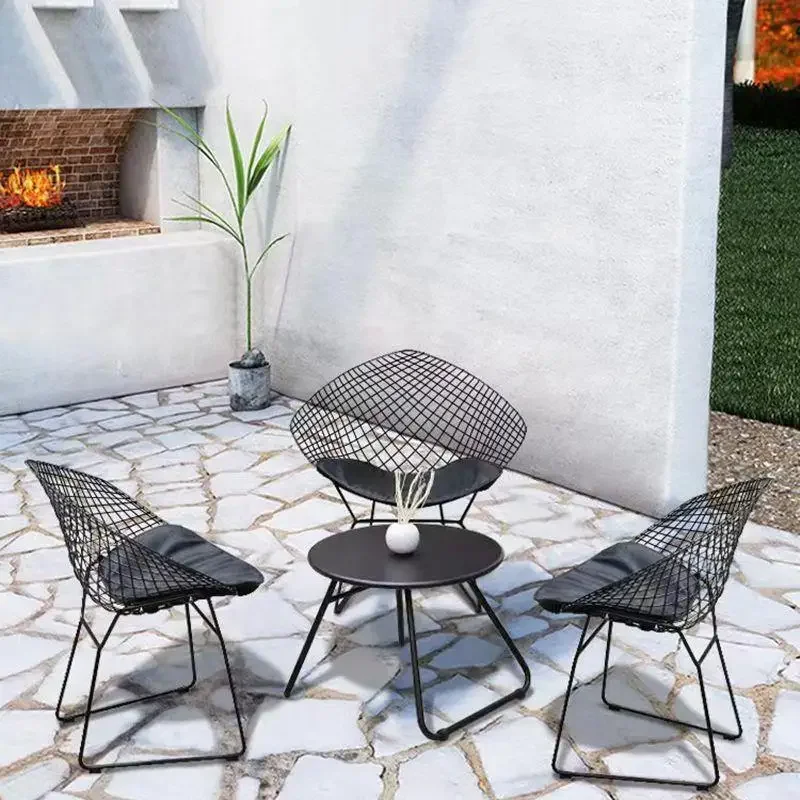 Outdoor Desk-Chair Combination Simple Courtyard Balcony Reception Internet-Famous Iron round Table Grid Chair Leisure Matching