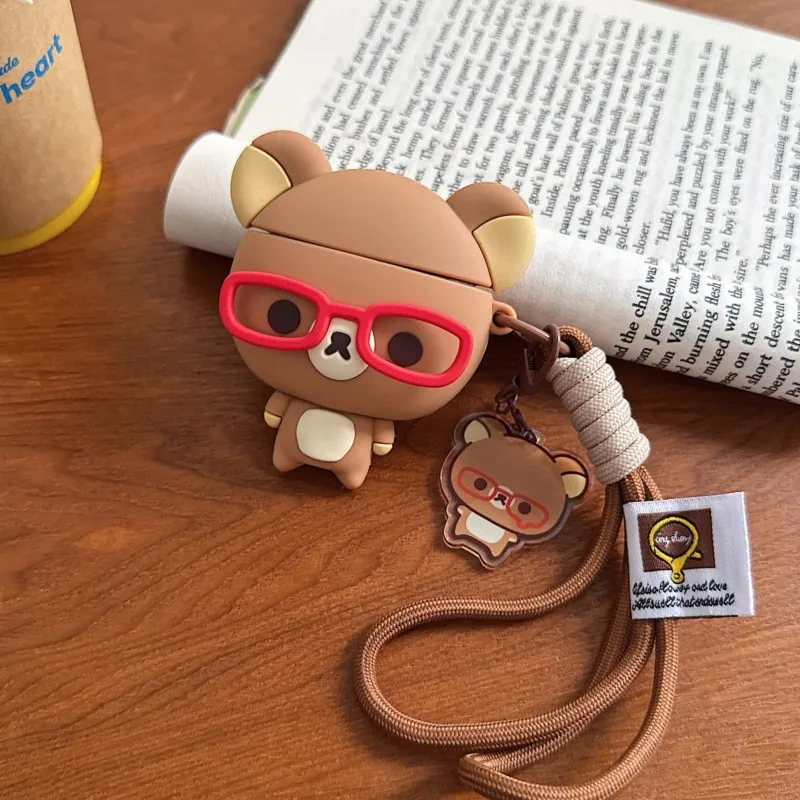 3D Rilakkuma Glasses Bear Silicone AirPods Case with Lanyard & Pendant for AirPods 3 4 Pro Pro 2 Pro3 Shockproof protective case view 2
