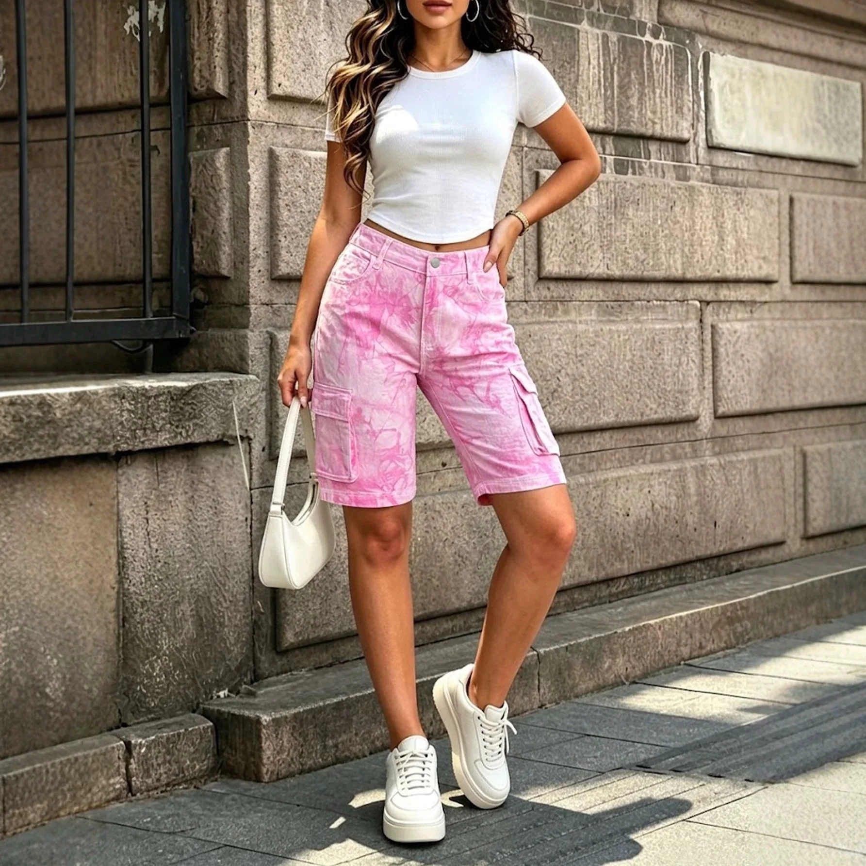 Women's High Waist Pink Tie-dye Cargo Denim Shorts Multi Flap Pockets Straight Knee Shorts Street Casual Pants