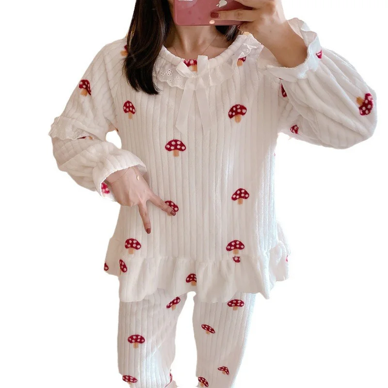 Princess Style Print Warm Pajamas Winter Lace Lapel Collar Long-Sleeved Pullover Top With Pants Two-piece Women Home Sleepwear