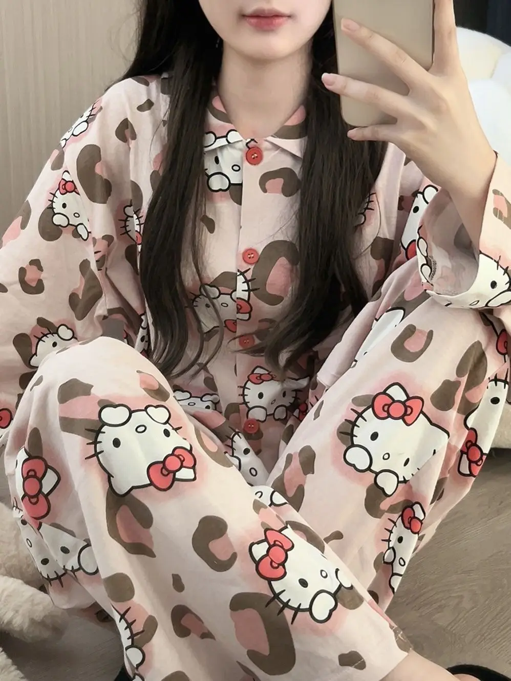 Sanrio new 2024 Hello Kitty silk pajamas female cute cartoon casual comfortable cool breathable pure cotton home women\'s pajamas