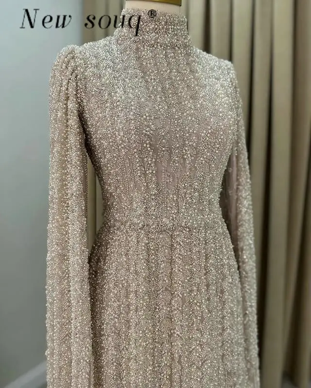

Customized Middle East Heavy Beaded Muslim Long Cape Sleeves Evening Dresses Dubai Vintage Modest Wedding Party Wear Gowns