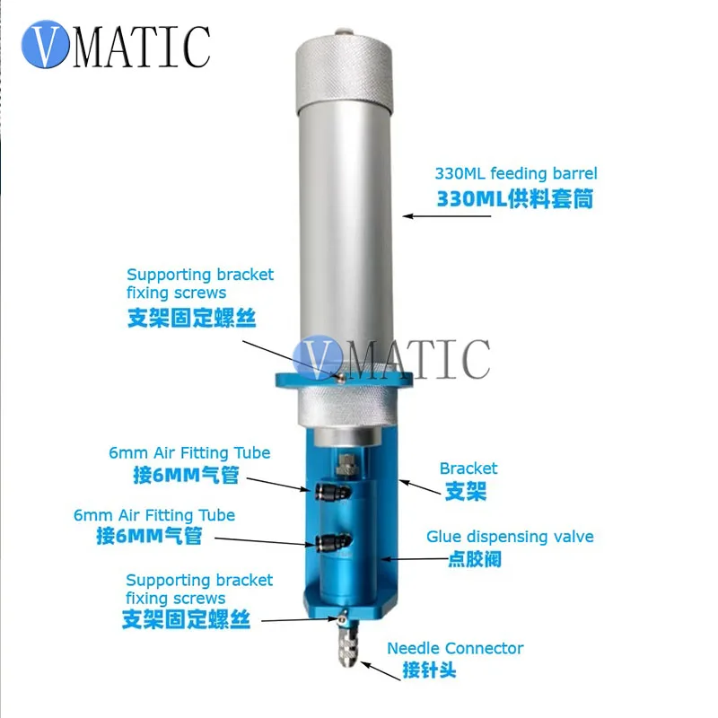 Precision Pneumatic Syringe Dispensing Valve Large Flow Anti-Drip (Suckback) for Medium High Viscosity Fluids, All-in-One Design