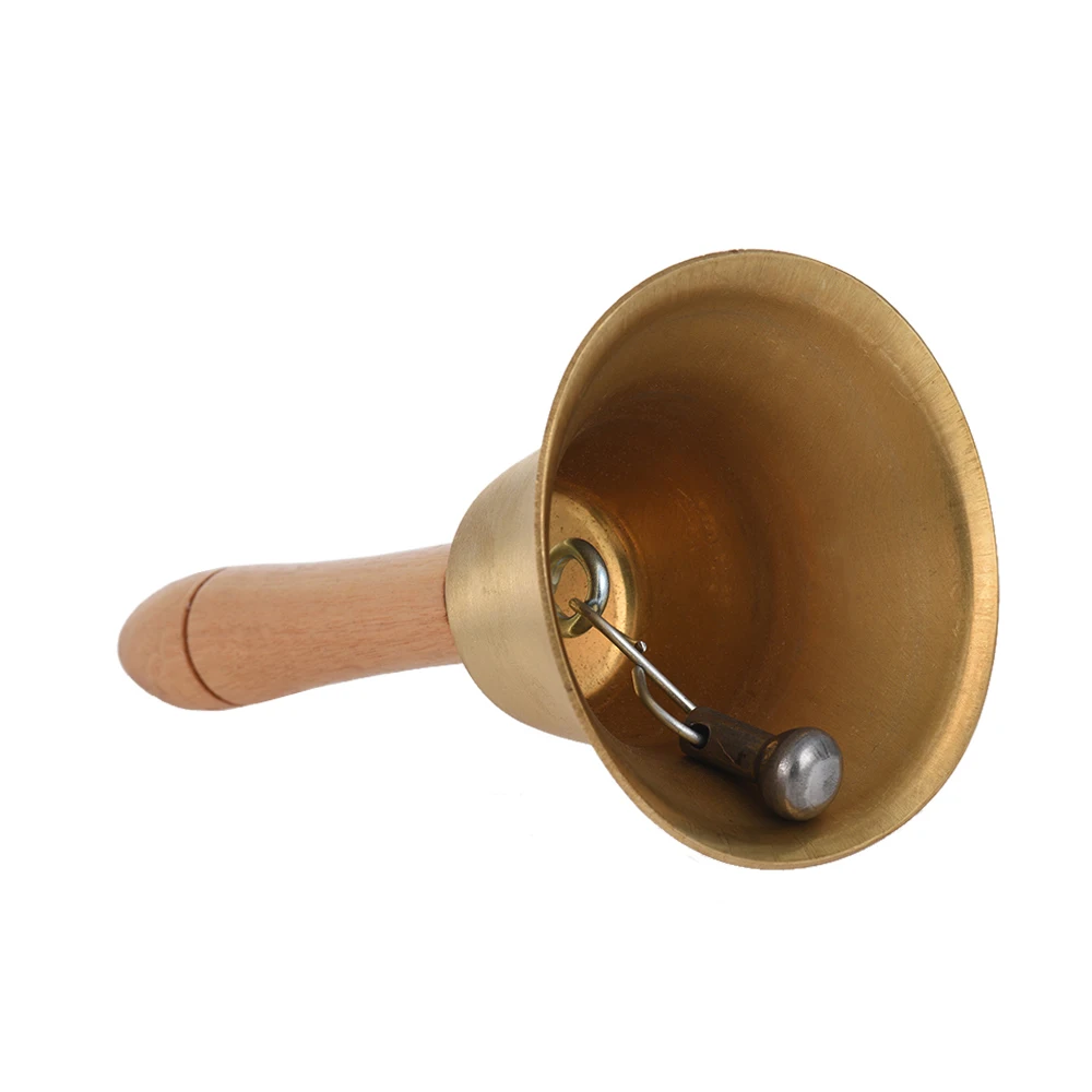 Brass Hand Bell Loud Call Bell Handbell Desk Ringbell with Wooden Handle for Wedding Festival Decoration Food Line Alarm School