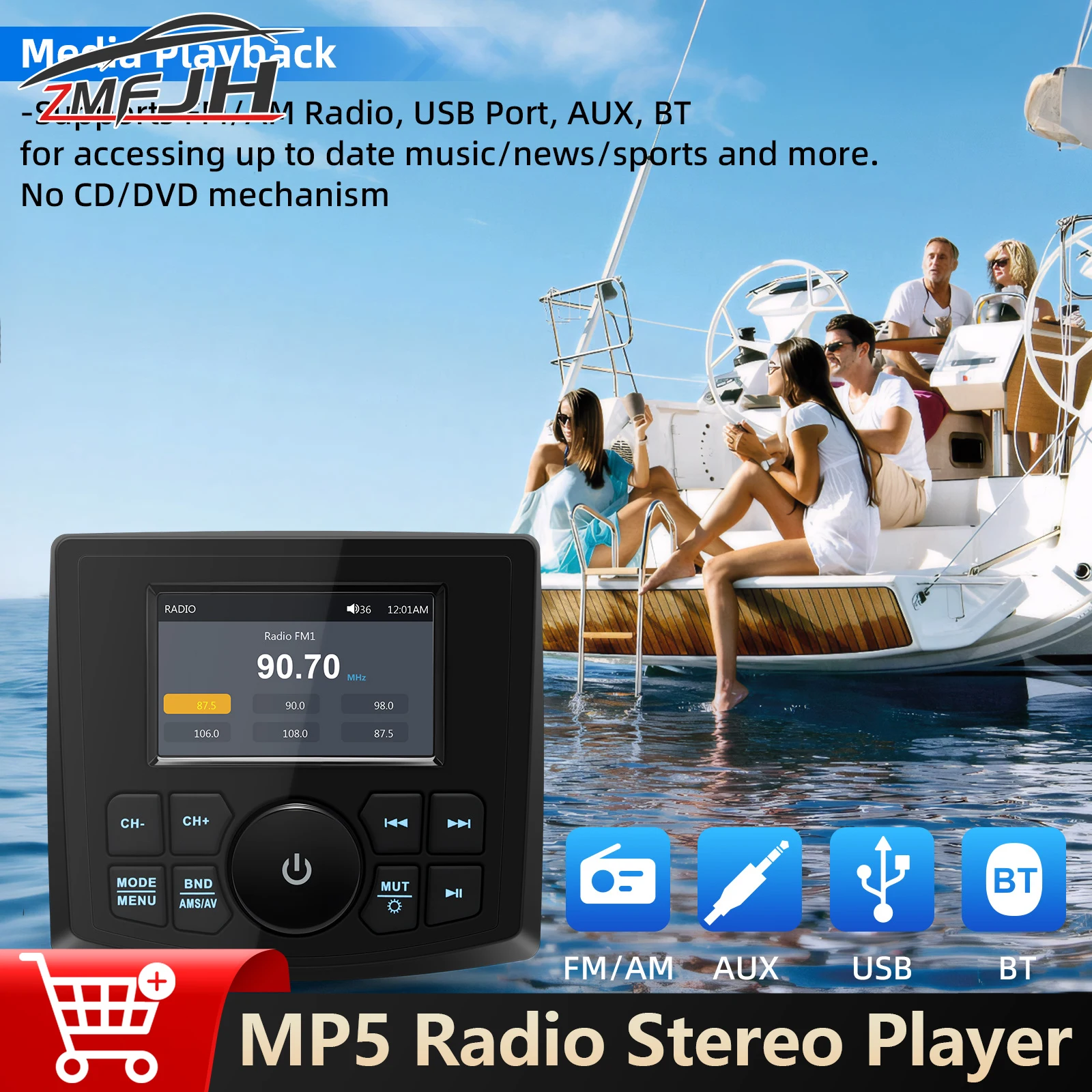 

Водонепроницаемый MP5-радио Стереоплеер Морской Медиа Видео Дисплей FM AM Аудио Динамик Для Морской Лодки Яхты ATV UTV SPA RZR