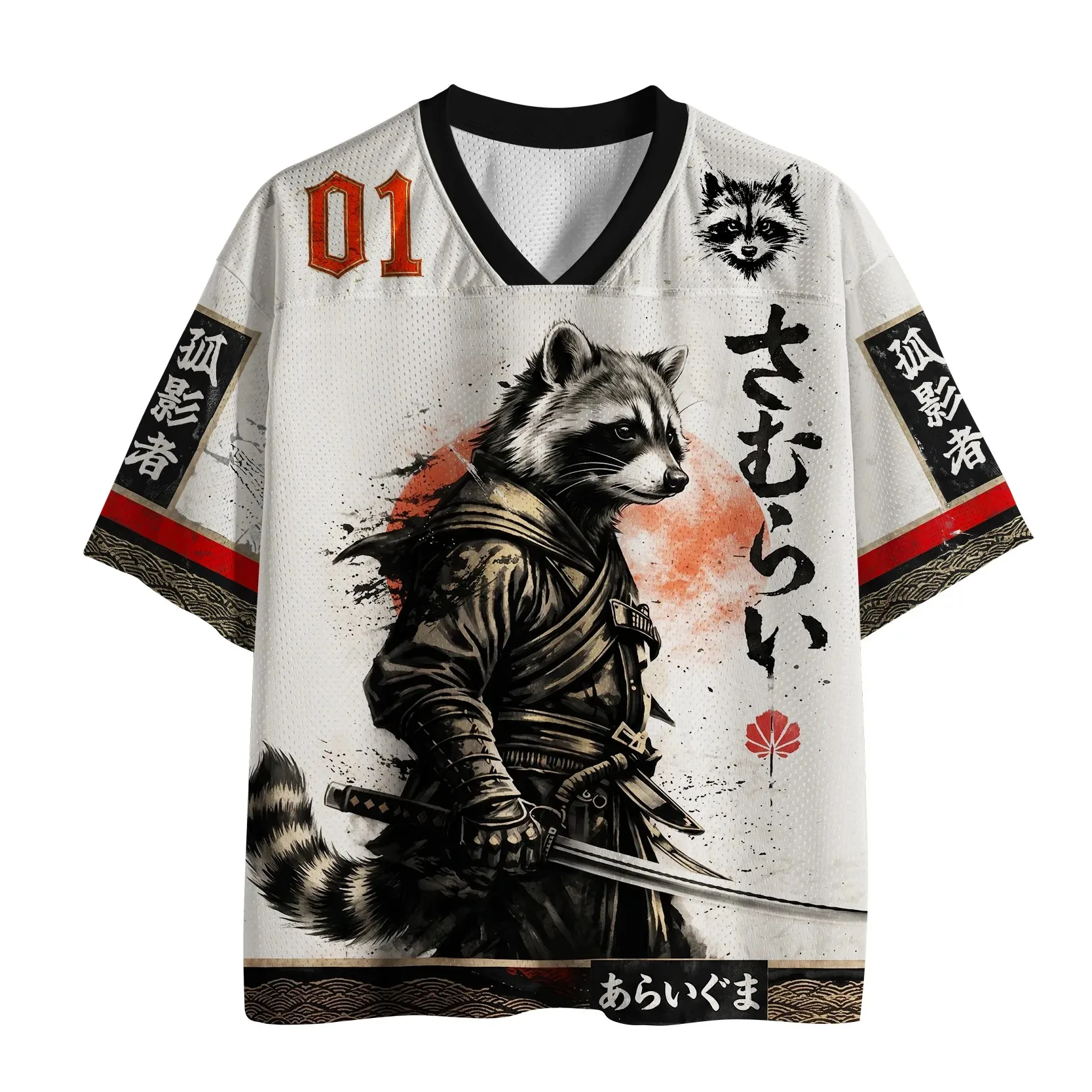 2026 Japanese-Style Samurai Raccoon Mesh Jersey — Retro Ukiyo-e Style V-Neck T-Shirt, 3D Print, Street-Casual Hip-Hop Style