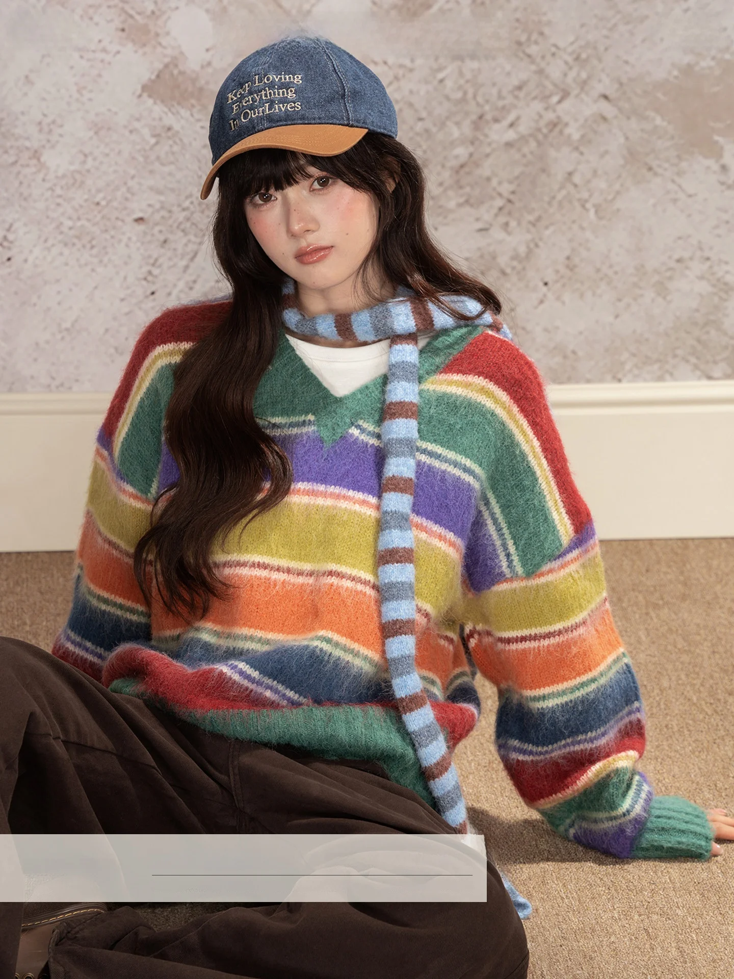 

Loveheynew Sweet Sle Rainbow Stripes Soft Cozy V-Ne Pullover Sweater Women Winter Casual Top Loose Fit Long Sve