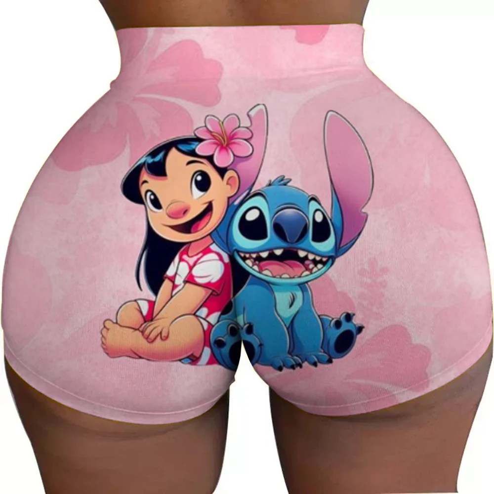 Custom SLilo And Stitch Cartoon Gym Biker Running Shorts Women's Anime Workout Yoga Shorts