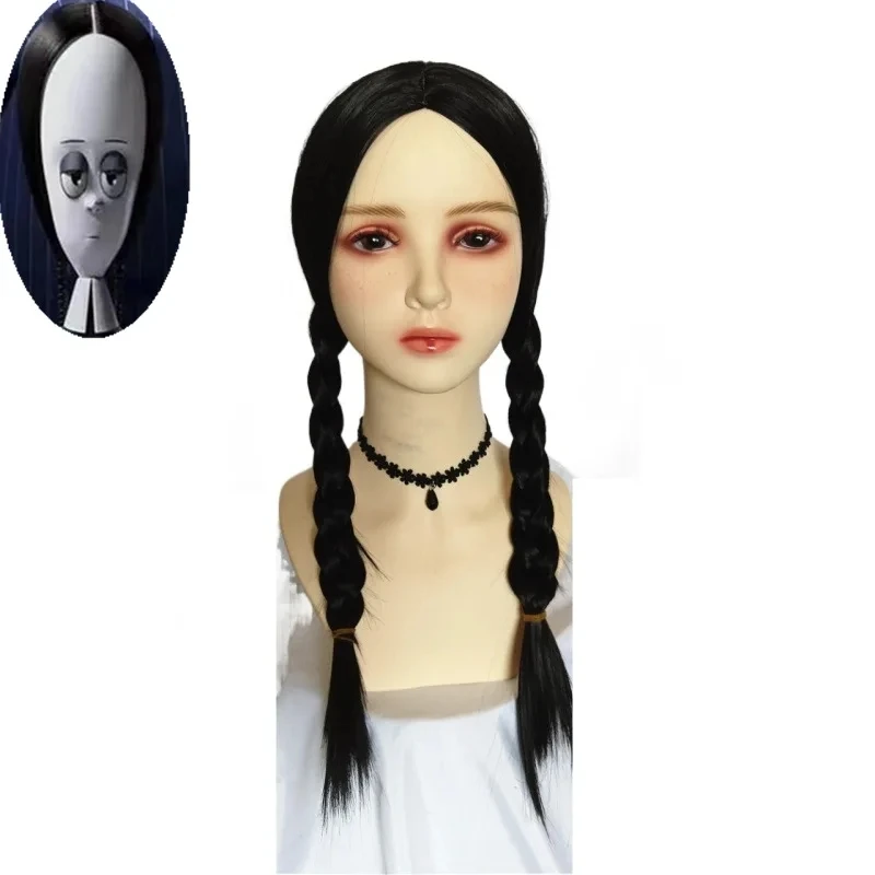 Perruque de Cosplay de la Famille Addams pour Femme, Morticia Addams, Hair Degré Synthet Gomez, Barbe, Casquettes d'Halloween