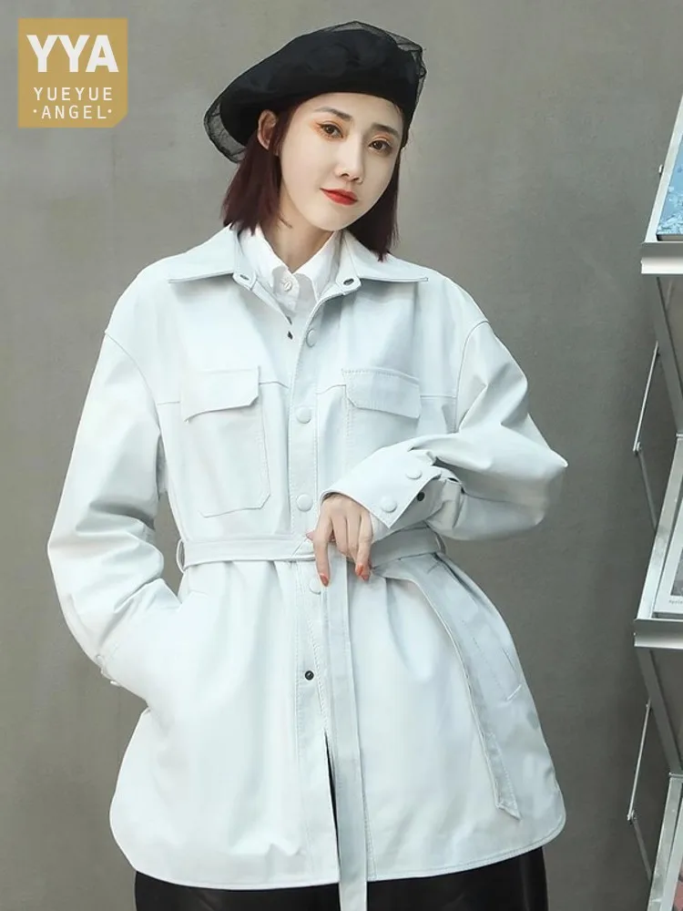Autumn Office Ladies Loose Fit Belted Mid Long Coat Real Sheepskin Genuine Leather Jacket Women Fashion Single Breasted Outwear