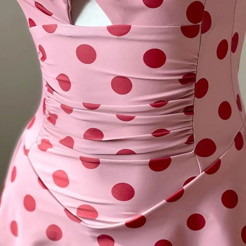 Women Swim Dress Pink Polka Dot One Piece Swimsuit Cute Grils Swimwear Youth Swimwear Beach Backless Swimsuit Dress