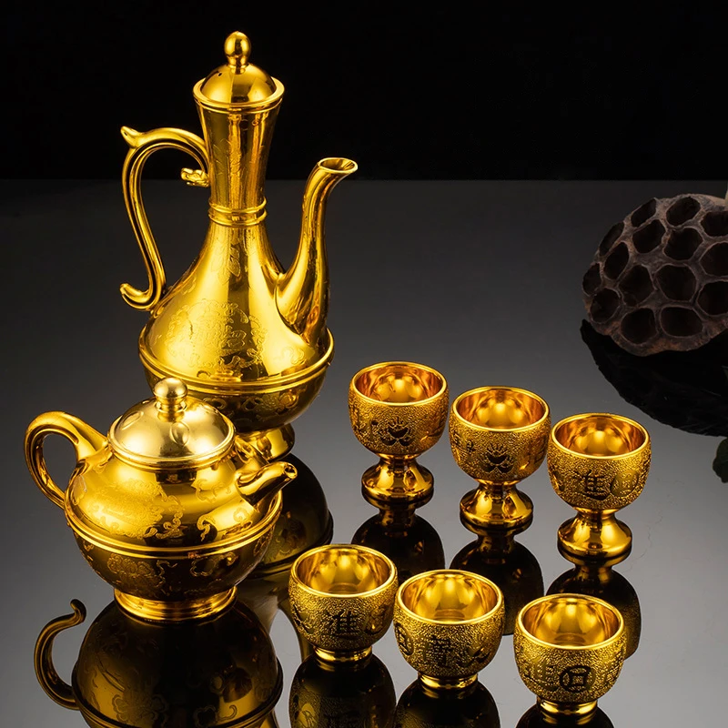 Tetera de vino Retro china, juego de cafetera, copas de vino, jarra, tetera exquisita, tetera dorada, tazas de oferta de templo clásico para el hogar