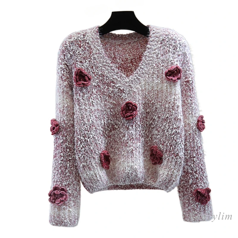 Heavy Industry Flower Mohair Knitted Sweater Woman Winter Korean Fashion High Waist Short V-Neck Long Sleeve Sweaters Ladies