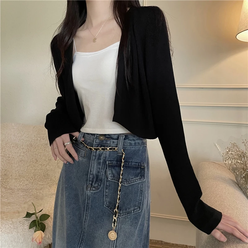 Cardigan Women Cropped Thin Summer Sun-proof Casual White Fashion Tender Holiday Sexy Streetwear Cool College Female Young Black