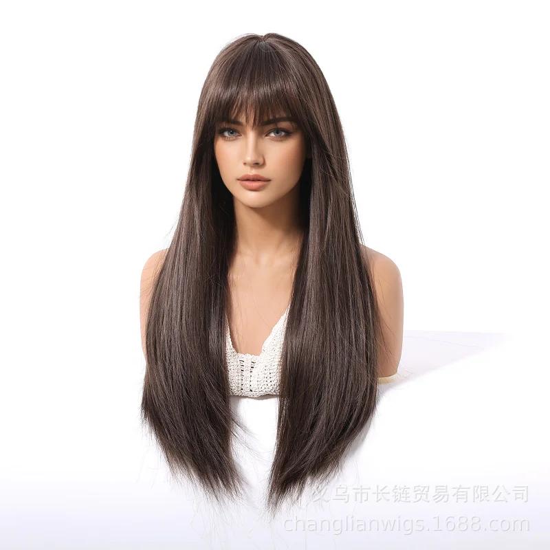 

New product: Brown long straight hair women's wig with bangs, high-temperature fiber, voluminous and stylish, gradient color, Eu