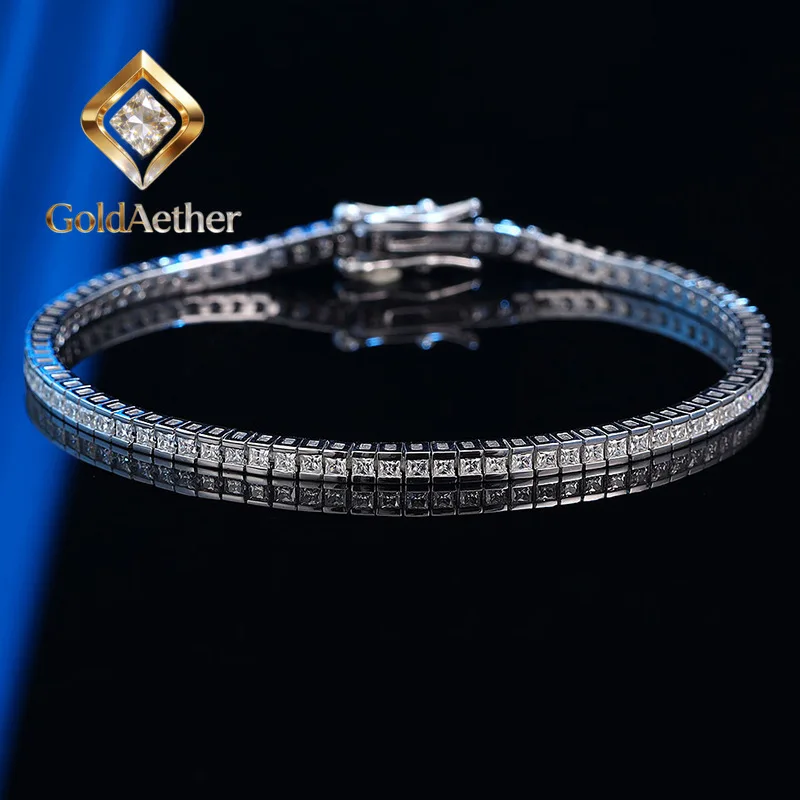 

GoldAether Luxury Solid Platinum PT950 Women's 2MM Moissanite Diamond Princess Square Bracelet Full Diamond Bracelet