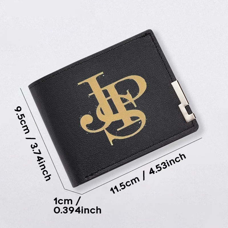 JP 모노그램 로고 블랙 PU 가죽 지갑 미니멀리스트 비즈니스 스타일 컴팩트 디자인 내구성 경량 일상용