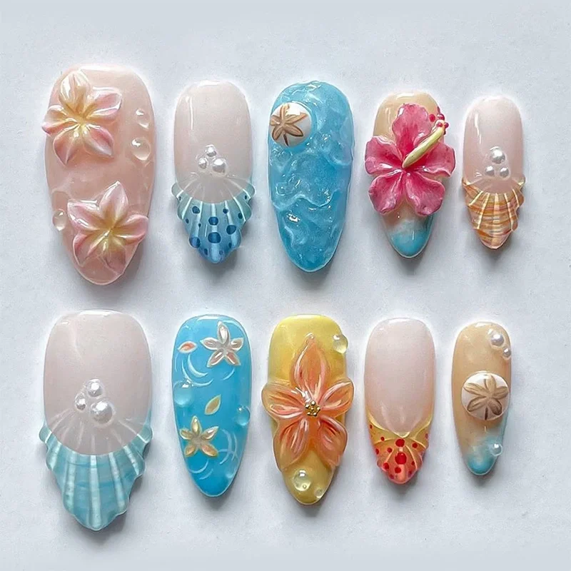 24 piezas uñas postizas almendra con flores rosas kawaii 4