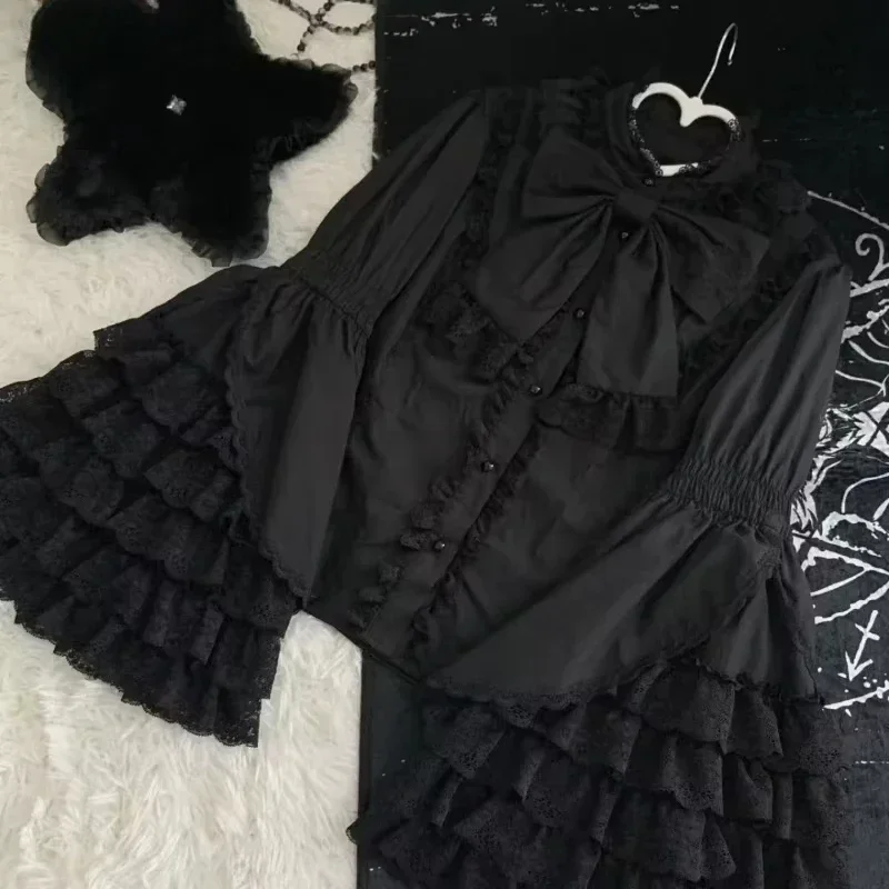

Japanese Sweet Cute Lolita Flare Sleeve Bow Shirts Women Y2k Aesthetic Lace Patchwork Blouse Kawaii Girl Loose Blusas Mujer Tops
