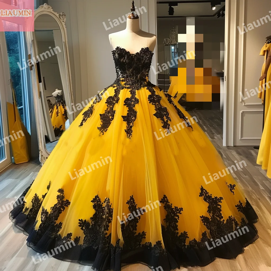 

Elegant Yellow Tulle Prom Dress with Black Lace Applique Beading Strapless Evening Prom Dresses Formal Stunning Dress W15-46.12