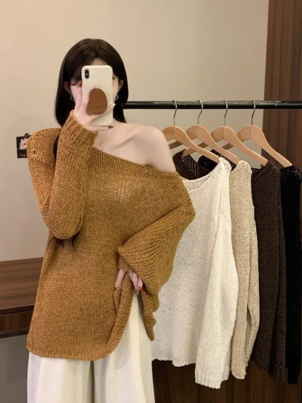 

Ladies Loose Fit Long Sve Knitted Sweater oulder Bared Sle Autumn Winter Casual Wear Comfortable Breathable Korean Fas...